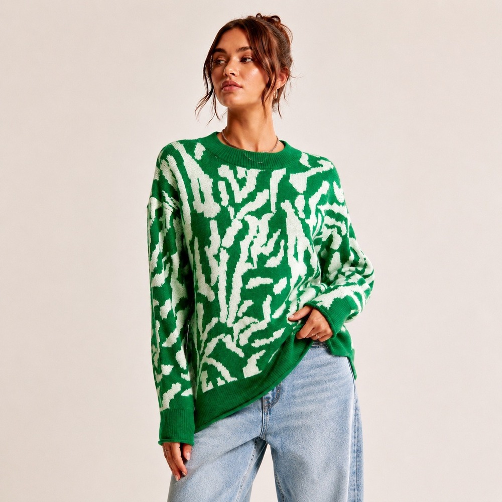 MNG Y2K Zebra Print Fuzzy‎ Knit Sweater Green White Oversized Pullover Small